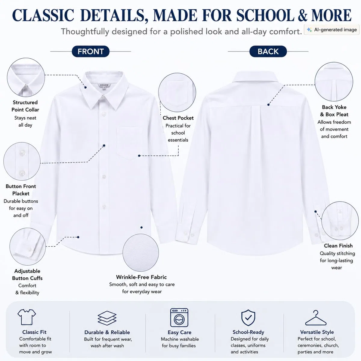 Bienzoe - Camisa Oxford de manga larga con botones para niño - Blanco - (10- 11 años)