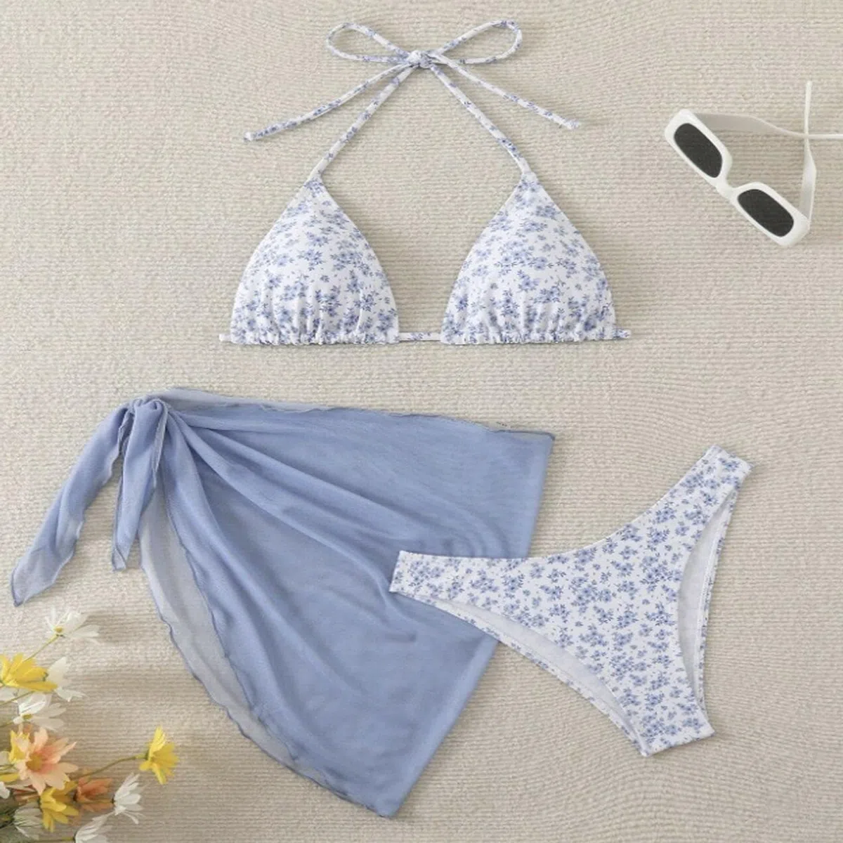GWAWG Bikini para mujer, traje de baño de tres piezas, parte superior de bikini, parte inferior de bikini y manta para playa, piscina y vacaciones