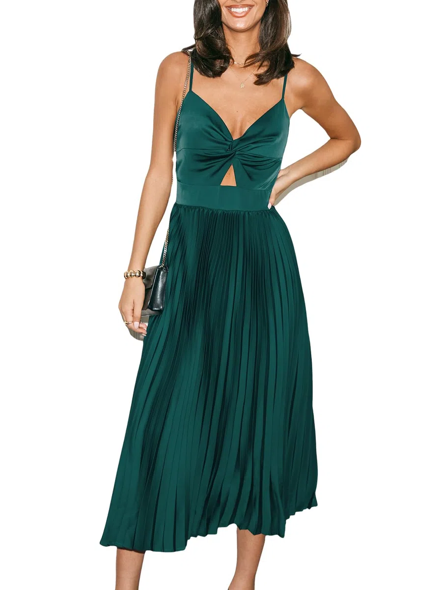 CUPSHE Vestido midi para mujer 2025 para fiesta, tirantes delgados, sin mangas, plisado, vestido formal