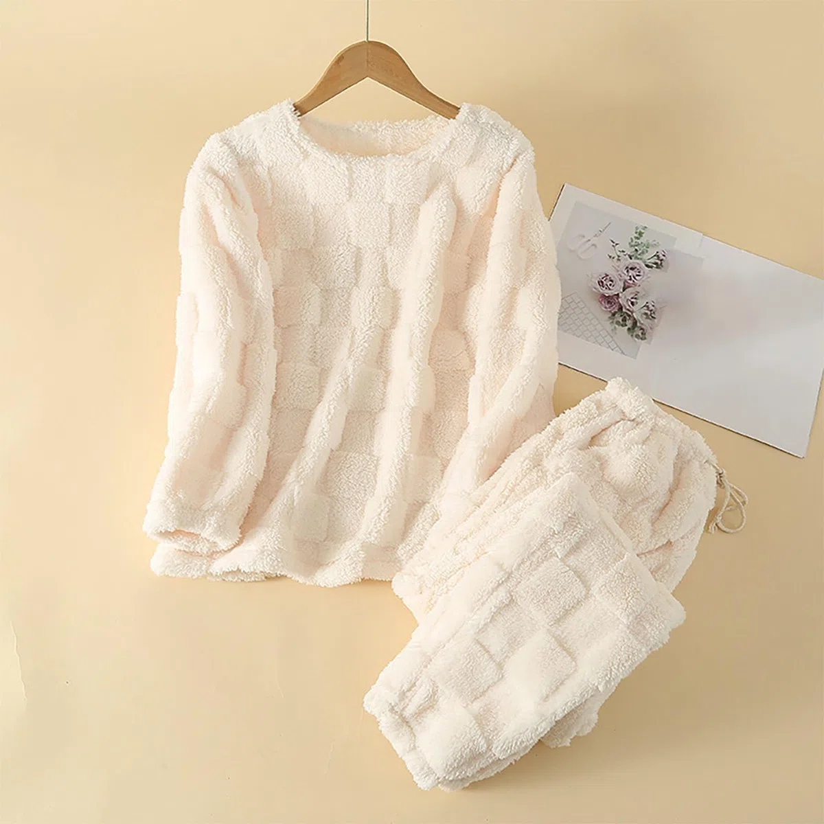 Conjunto de pijama para mujer, invierno, cálido, largo, ropa de dormir informal, forro polar, manga larga, chaqueta de felpa y cintura alta, pantalones de pijama para el tiempo libre, pijama acogedor