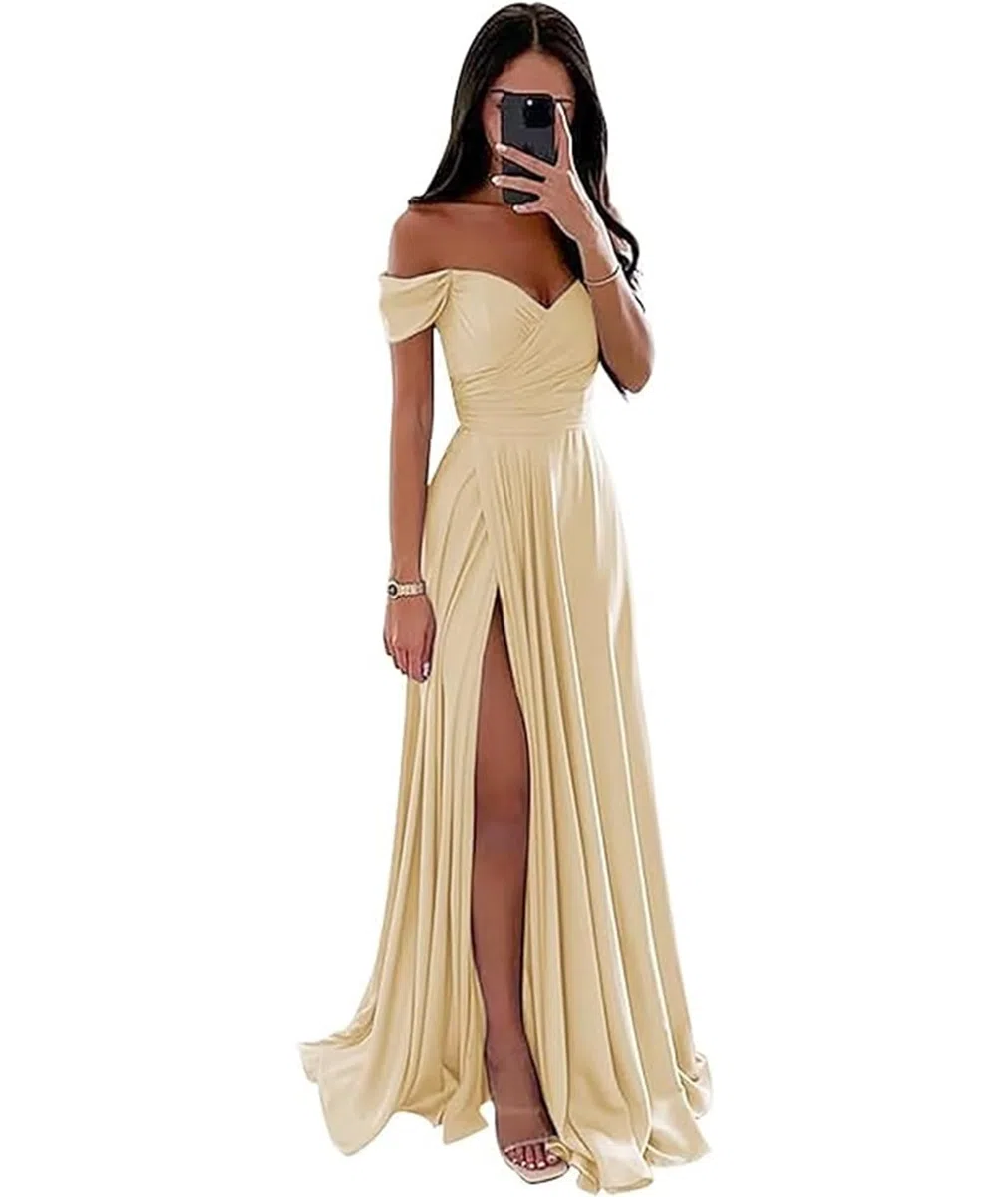 ECDAHICC Vestido de dama de honor sin hombros para mujer, satén de raya larga, elegante, formal, vestido de noche, línea A, vestido de boda y fiesta PY-3XL, amarillo claro