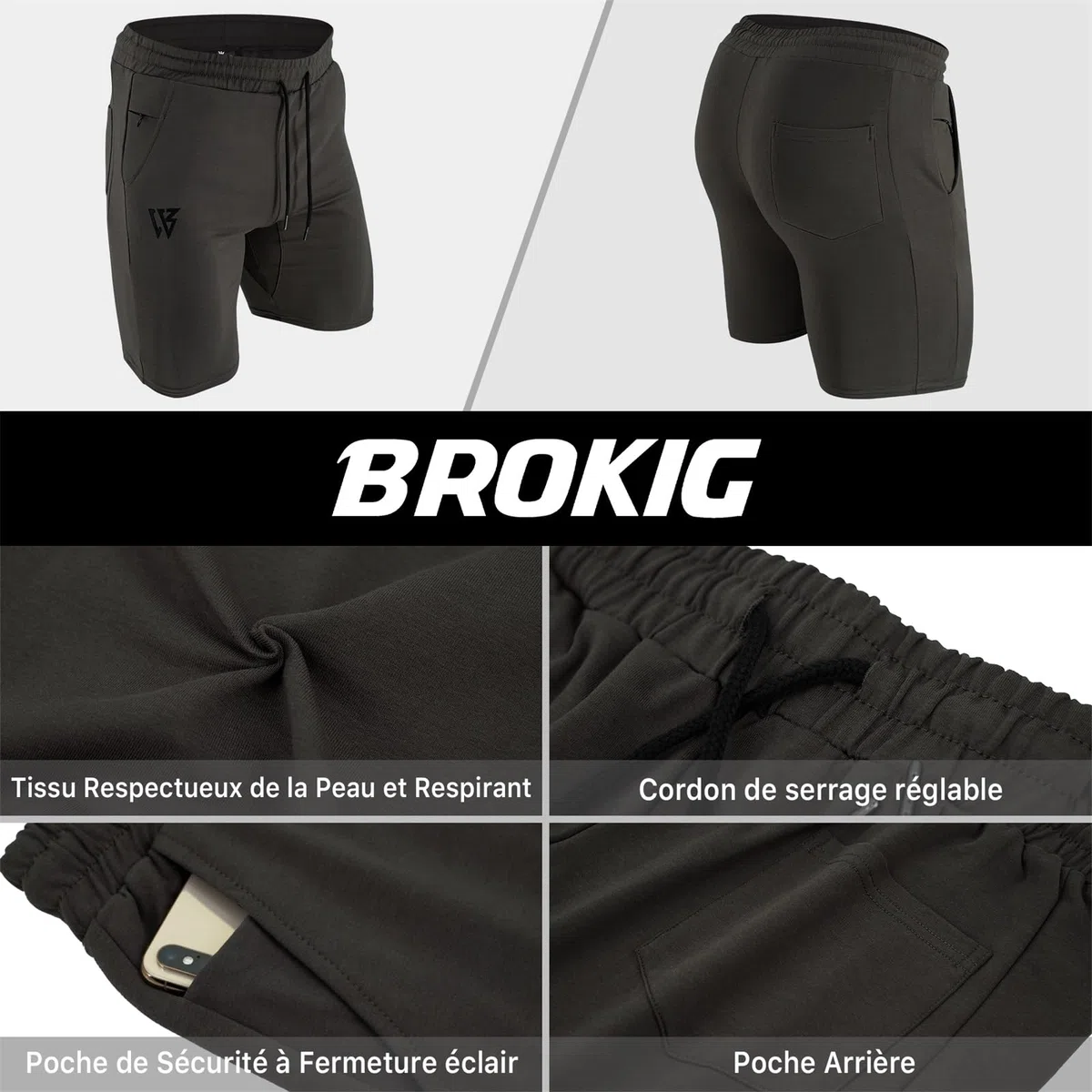 BROKIG - Pantalón corto deportivo para hombre, algodón, con bolsillos con cremallera