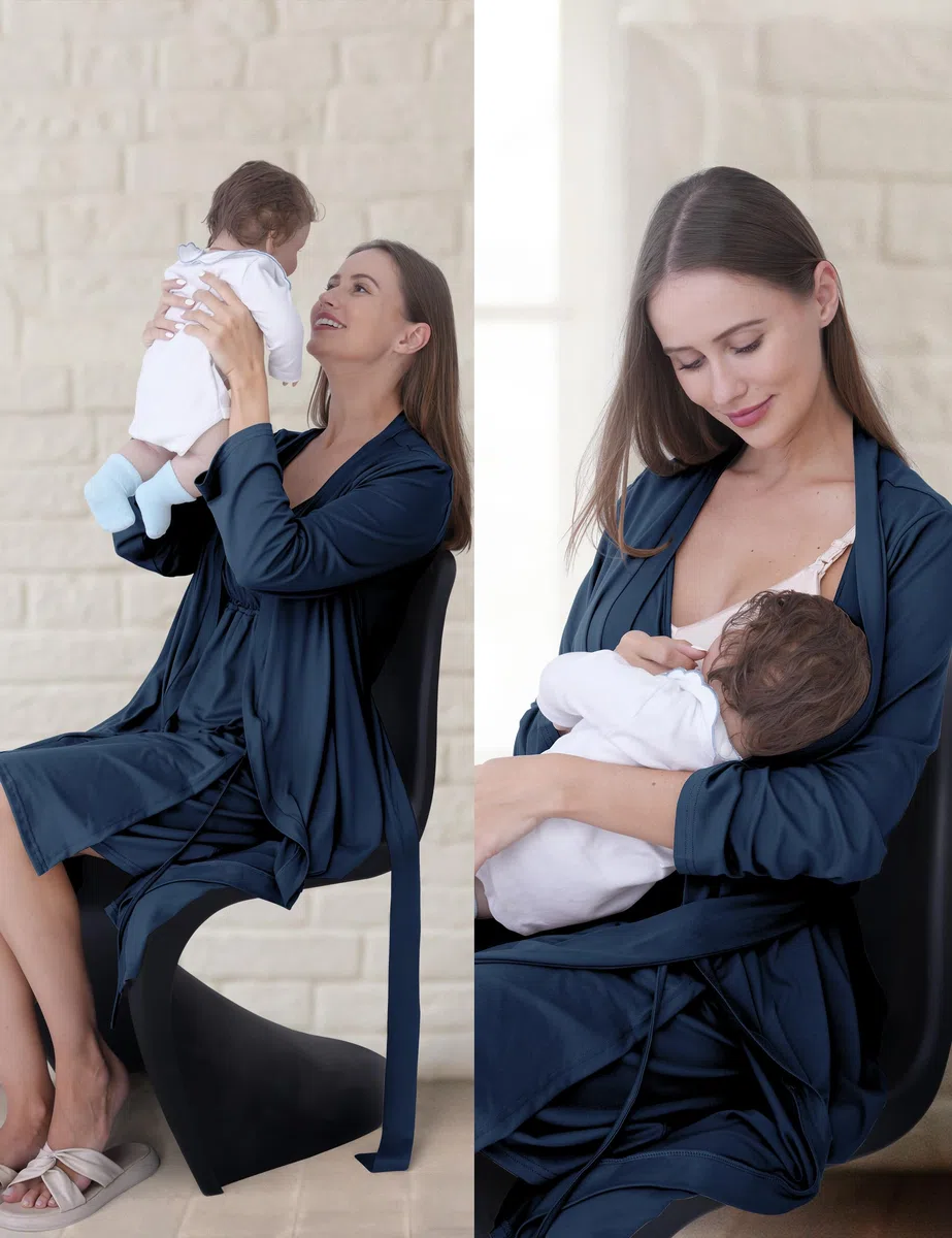 SUNNYBUY Camisón de maternidad y lactancia con bata, 2 piezas, juego de vestido de noche 3 en 1 para el parto, el parto y la lactancia, ropa de dormir hospital, azul marino, S