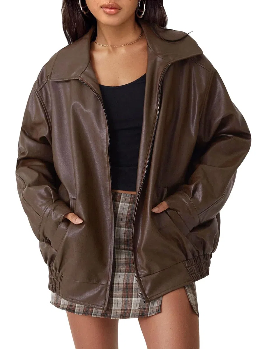 Chaquetas de cuero de gran tamaño para mujer, abrigos bombarderos de motocicleta de gran tamaño, trajes de moda de otoño 2024, ropa de invierno