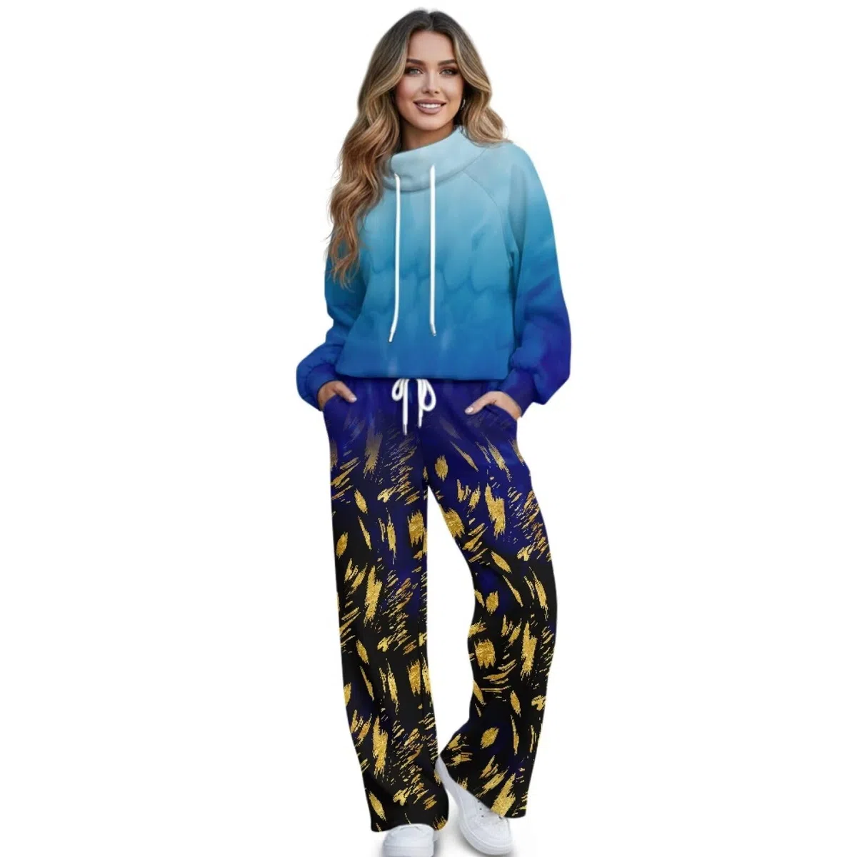 Xoenoiee Conjunto deportivo de 2 piezas con estampado de teñido anudado azul para mujer, conjunto de chándal de moda para otoño, sudadera de manga larga y pantalones deportivos de pierna ancha a juego
