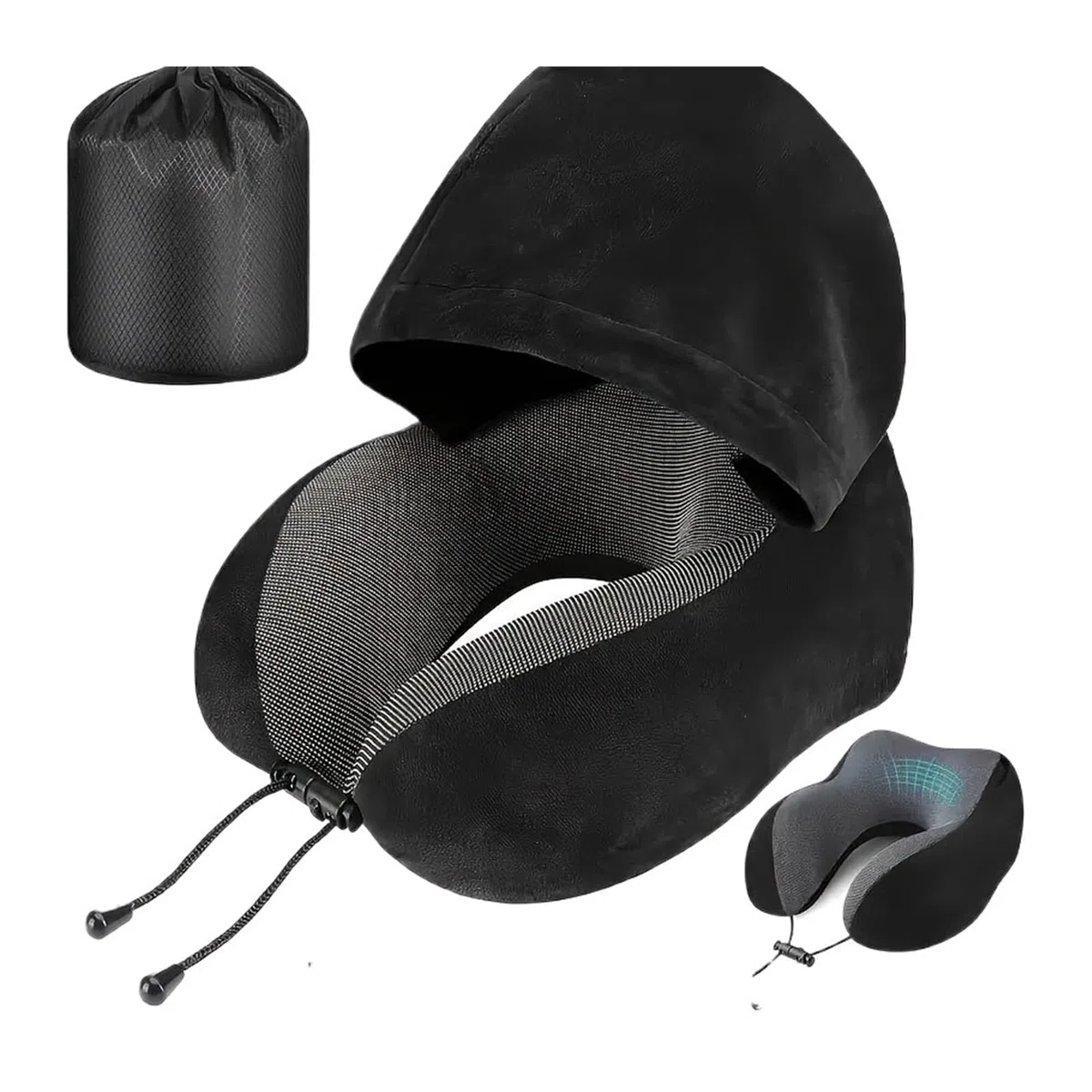 Almohada Viaje Almohada de Viaje con Capucha y Funda Desmontable, Soporte portátil for el Cuello, Ideal for avión, Oficina, Siesta, Coche Uso doméstico(Black)