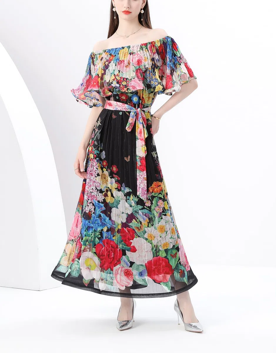 Elegante vestido largo con hombros descubiertos y estampado floral para mujer, para verano, casual, playa, vestido largo