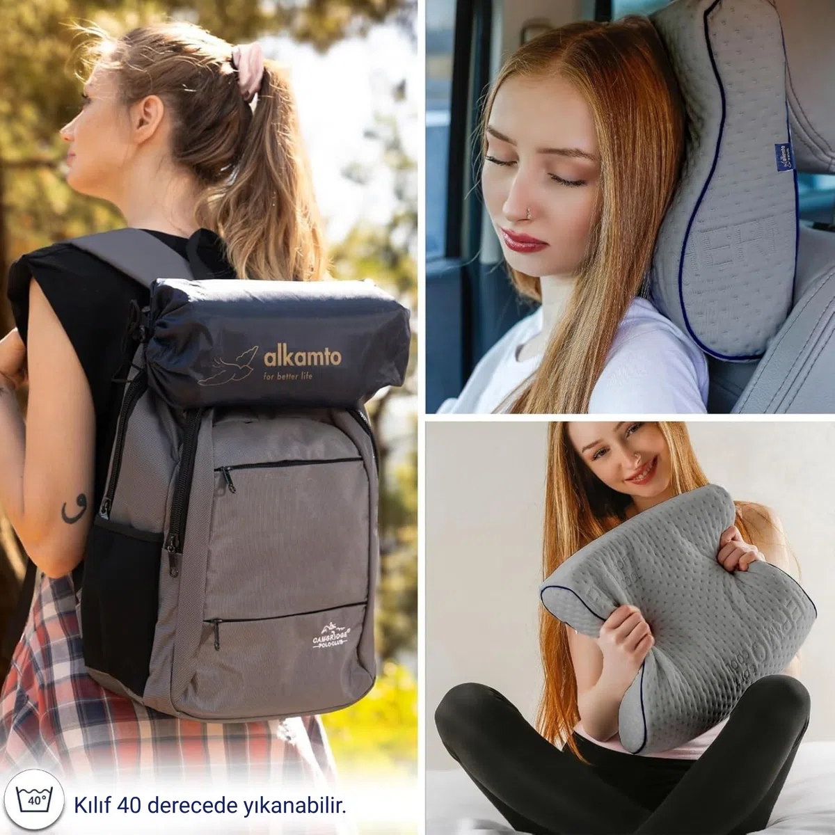 alkamto Almohada de viaje – Almohada ergonómica de espuma viscoelástica para acampar con funda de almohada que regula la temperatura, incluye bolsa de transporte impermeable (gris, 35 x 30 x 10/8 cm)