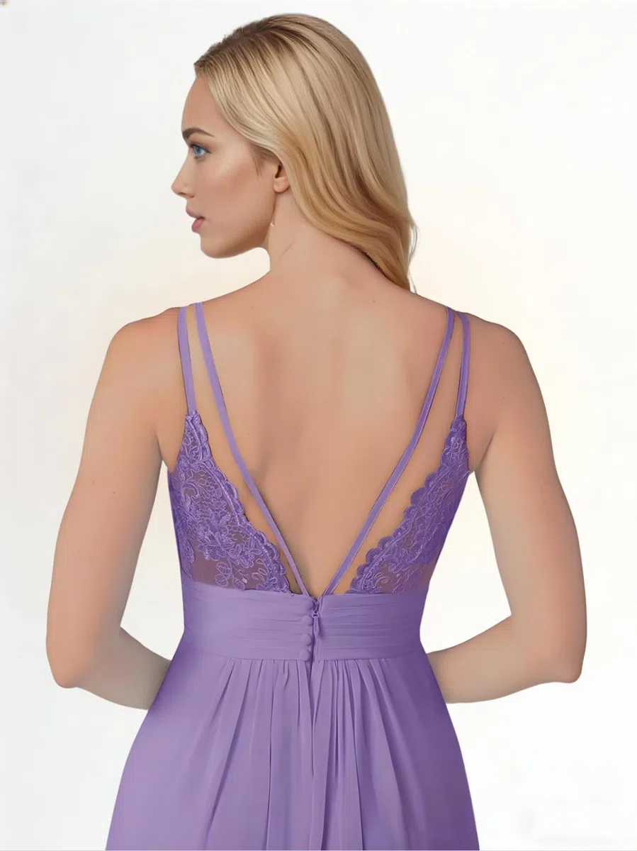 Vestidos de dama de honor de gasa para mujer, para boda, plisado, encaje, formal, vestidos de noche con botón trasero