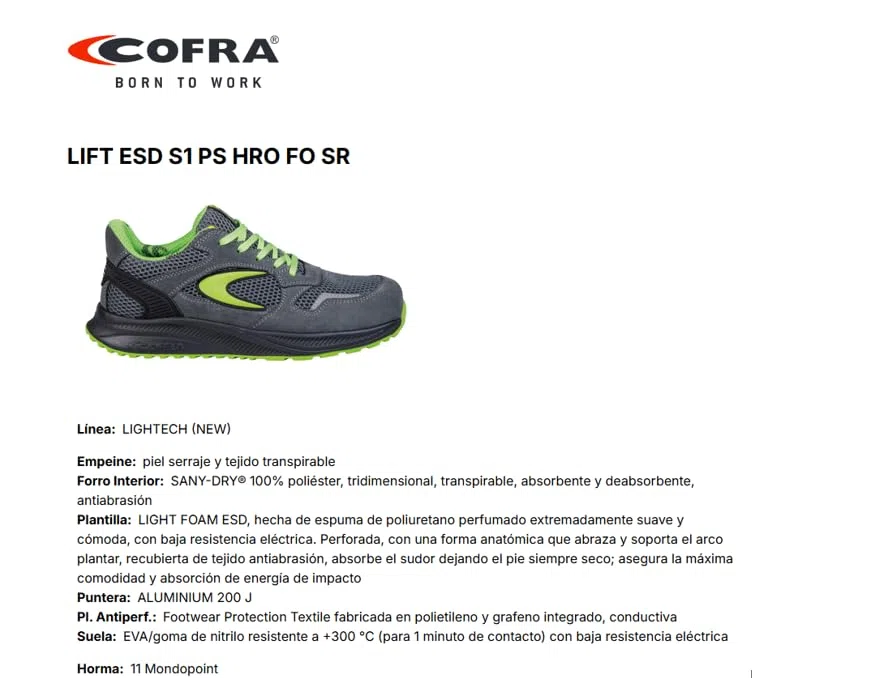 COFRA Lift ESD S1 PS HRO FO SR, Calzado de Seguridad Ultraligero, Puntera de Aluminio, Plantilla Light Foam, Antiperforación