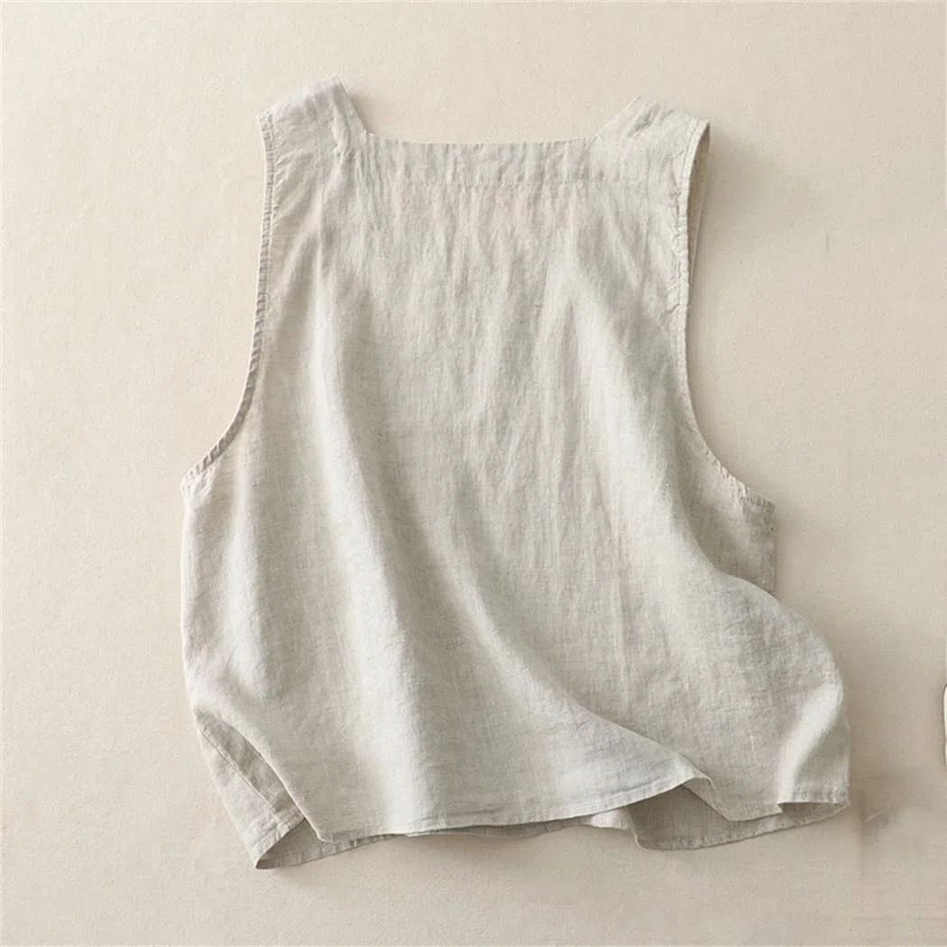 Camiseta básica de algodón y lino para mujer, de verano, cuello cuadrado, sin mangas, estilo vintage, holgada