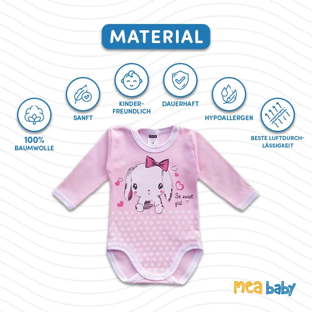 MEA BABY Body unisex de manga larga para bebé, 100 % algodón, en paquete de 5 unidades, con estampado, para niñas, bebés y niños
