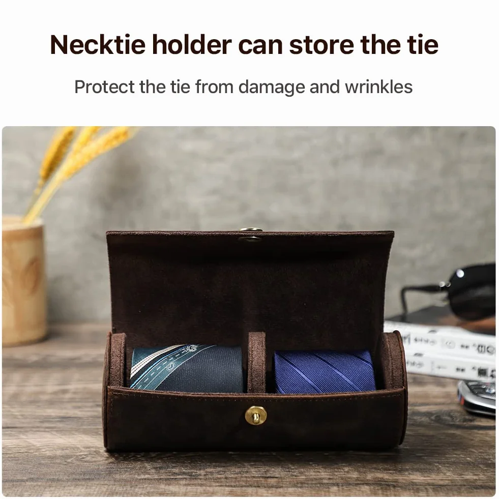 Hiram Caja de almacenamiento de corbatas, de piel auténtica, organizador de corbatas portátil para viajeros de negocios, 4005-café, 2 Ties, Estuche para corbata
