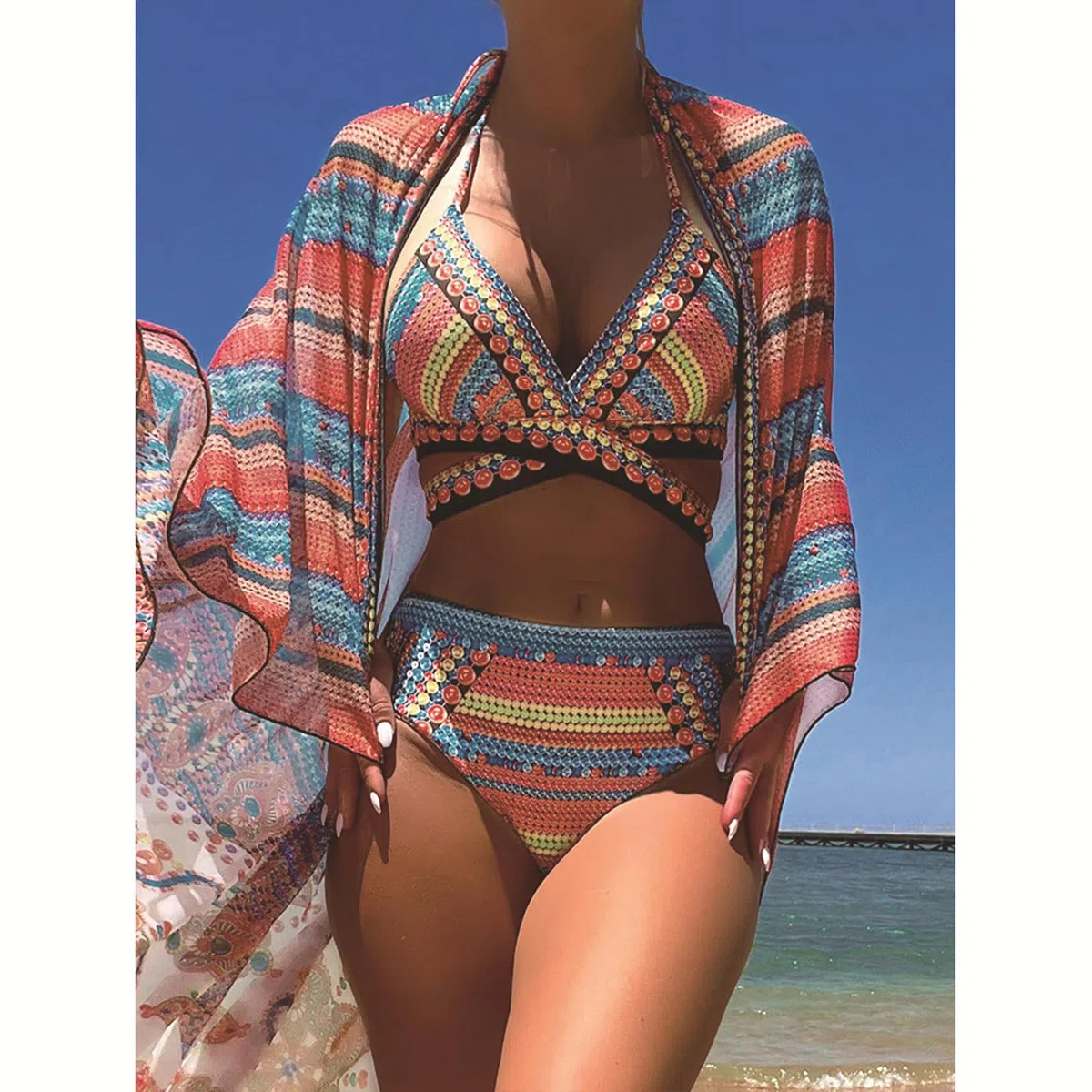 Conjunto Bikini 3 Piezas Boho Mujer, Traje baño con Salida Playa Malla, Halter Tirantes Finos, Estampado Floral, Cuello V, Copa Triangular, Lazo Espalda