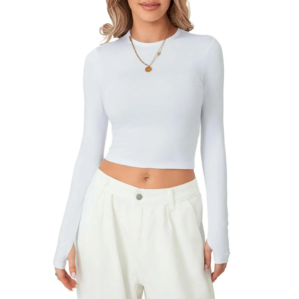 Women Long Sleeve Crew Neck Basic Crop Top Spring Street Basic T-Shirt with Thumb Holes-White-M