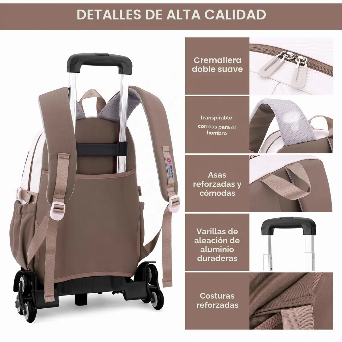 IvyH Mochila con Ruedas para Niñas Niños, Mochila Escolar Adolescentes 6 Ruedas, Carro Mochila Primaria para Chicas Chicos (Marrón)