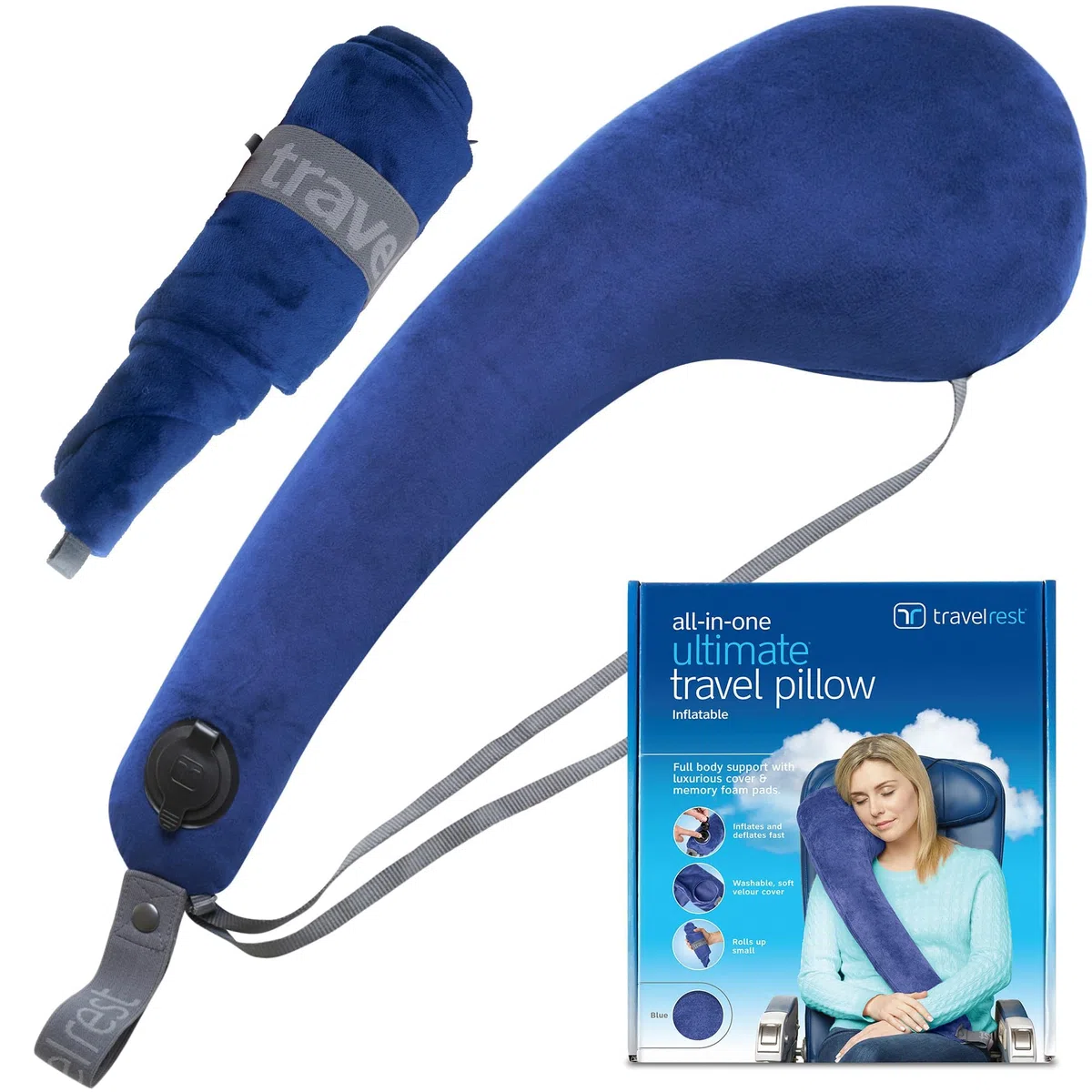 travelrest Todo en Uno Almohada de Viaje de Primera Calidad/Almohada para el Cuello-Funda Lavable de Felpa con Espuma Viscoelástica-Ideal para el Avión, Coche, Tren, Autobús, Silla de Ruedas, Oficina