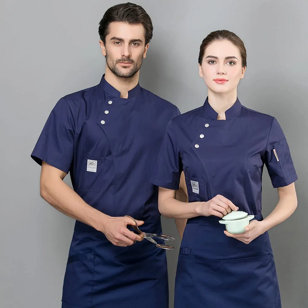 Chaqueta de chef, delantal de cocina, tres botones con bolsillos delanteros, ropa de verano, suministros de cocina para parrilla, restaurante, azul, XL