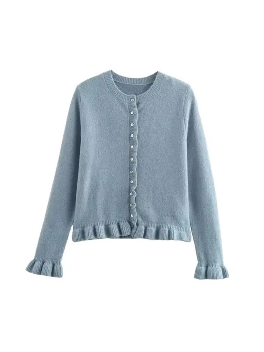 Cárdigan de Punto con Volantes for Mujer, suéter Elegante Cuello Redondo, Manga Larga y Botones Delanteros, Prenda Exterior Cárdigan Mujer