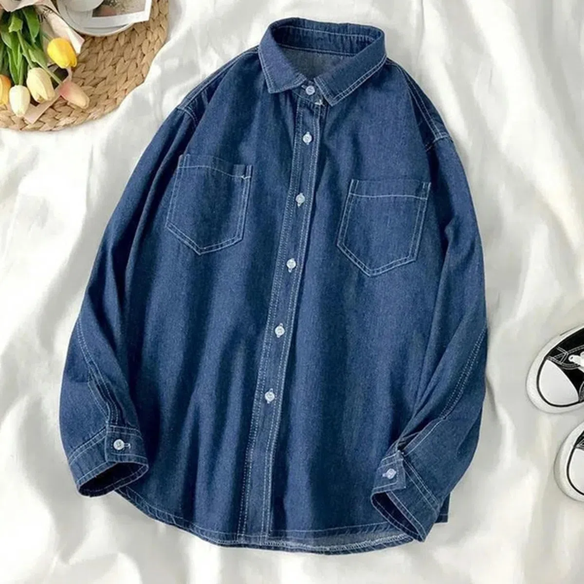 Camisa Vaquera de Manga Larga de otoño Camisa con Bolsillo de un Solo Pecho Camisa Vaquera de Solapa para Mujer Mujer-8335 Azul-XL