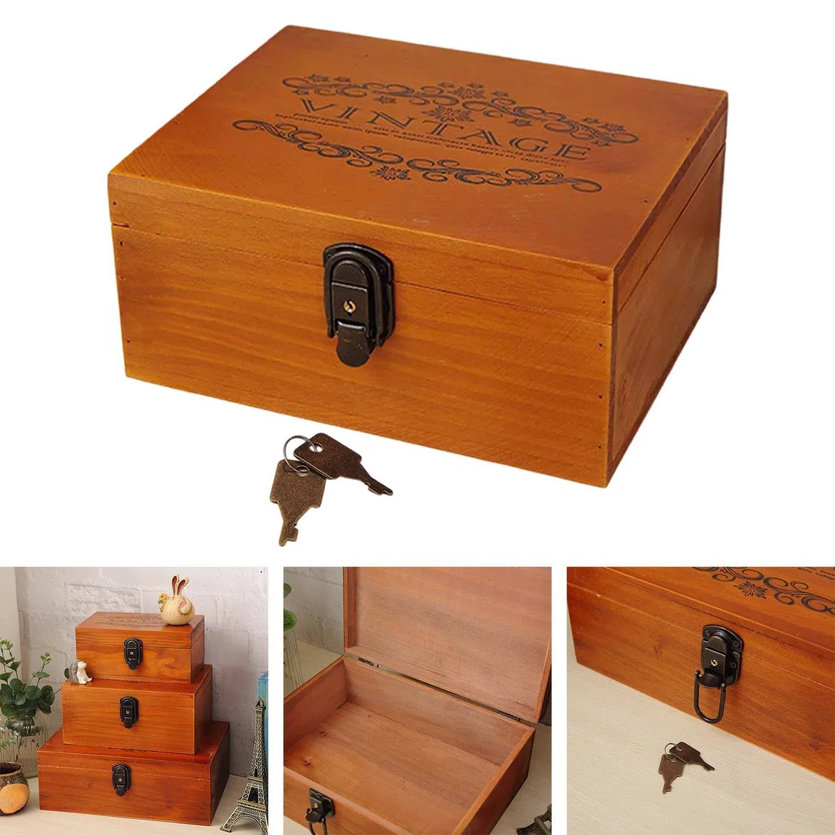 Colcolo Organizador de Almacenamiento de la Caja de Recuerdo de Madera Diseño Antiguo bloqueable Caja de Joyas de joyería compacta de joyería compacta para el, 25x19.5x11.7cm