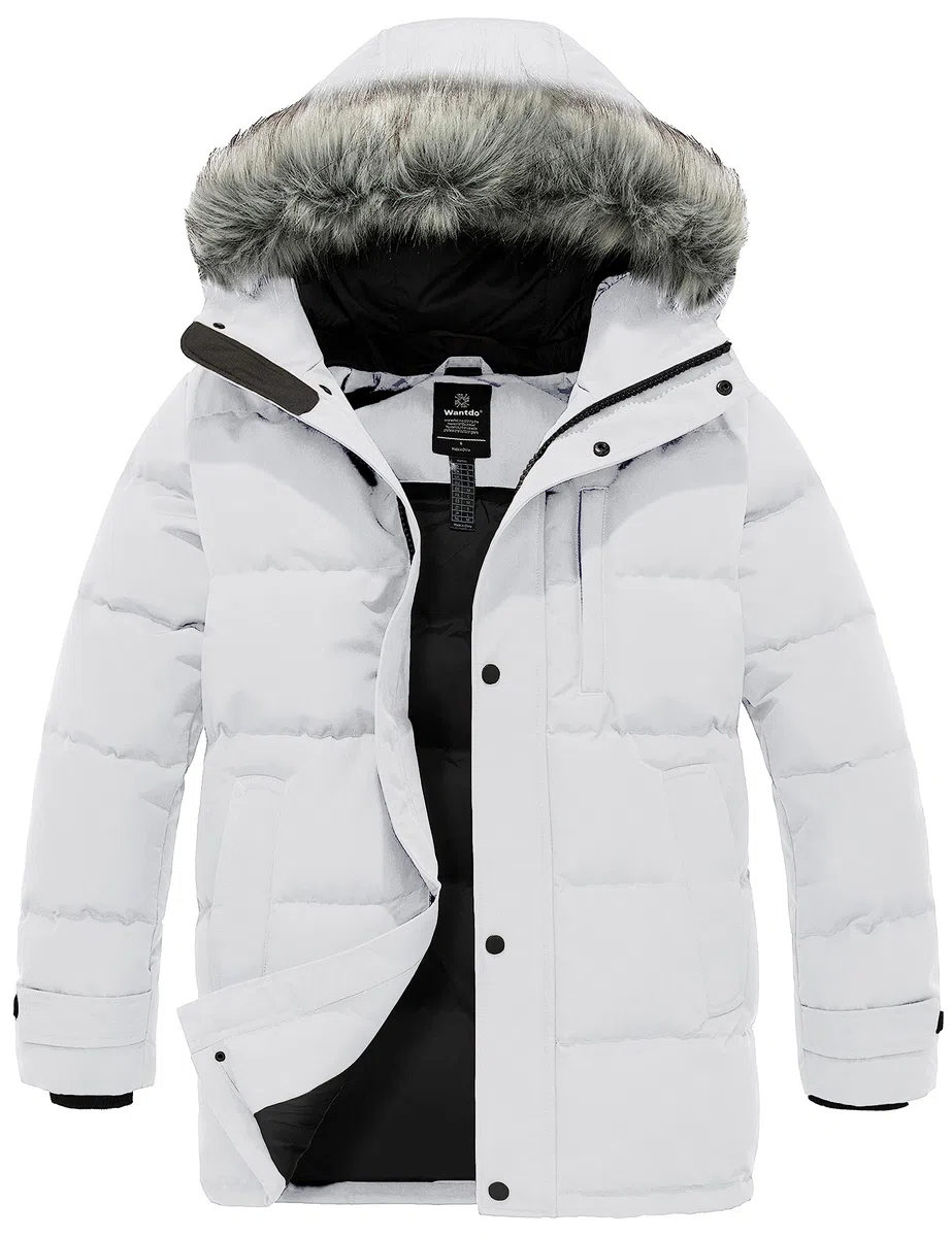 Wantdo Chaqueta de Invierno de Pluma para Hombre Impermeable Cortaviento de Longitud Media Versátil Abrigo con Capucha de Piel para Viajes Nieve