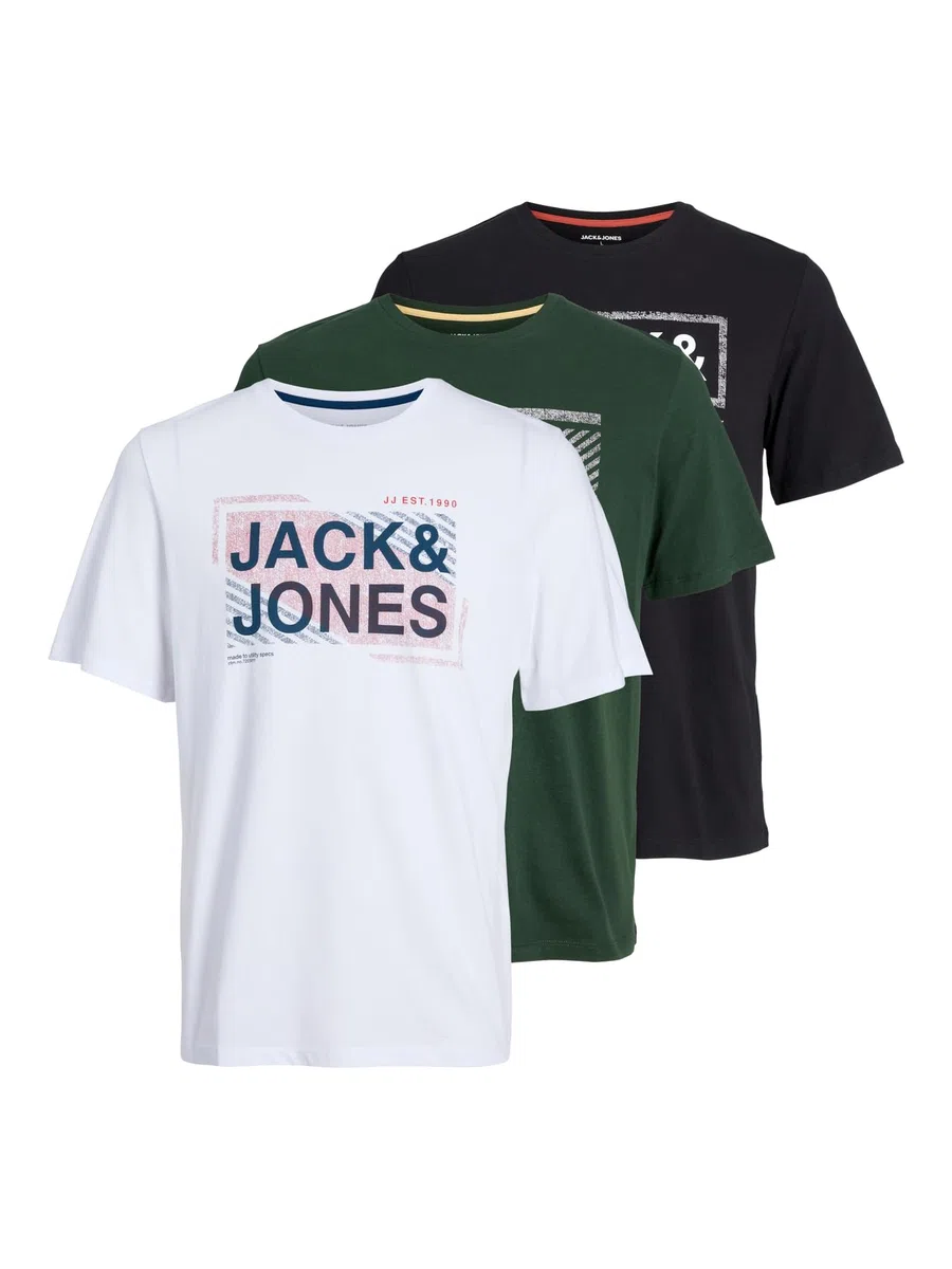 JACK & JONES Camiseta Hombre Pack de 3 – Manga Corta, Cuello Redondo, 100% Algodón, Básica y Casual, Diseño Estampado, Negro/Verde/Blanco