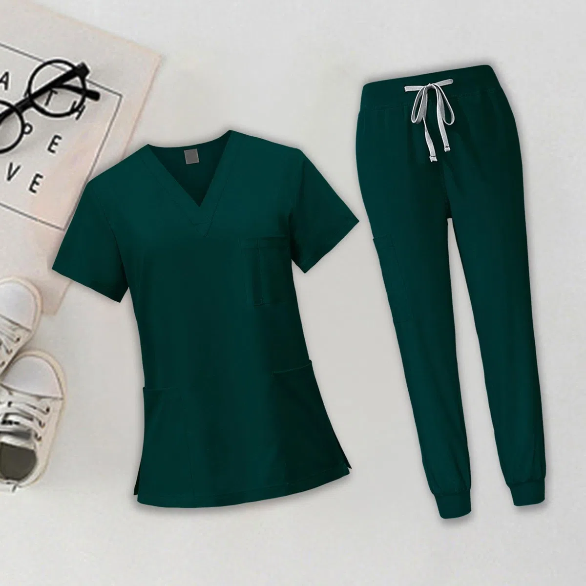 LRXFPIYF Enfermera Conjunto Uniforme Mujer Ropa Sanitaria Pantalón Blusa Accesorios Suave Poliéster Fácil de Lavar Adecuado para Cuidado Personal Centros Médic, Verde oscuro, m