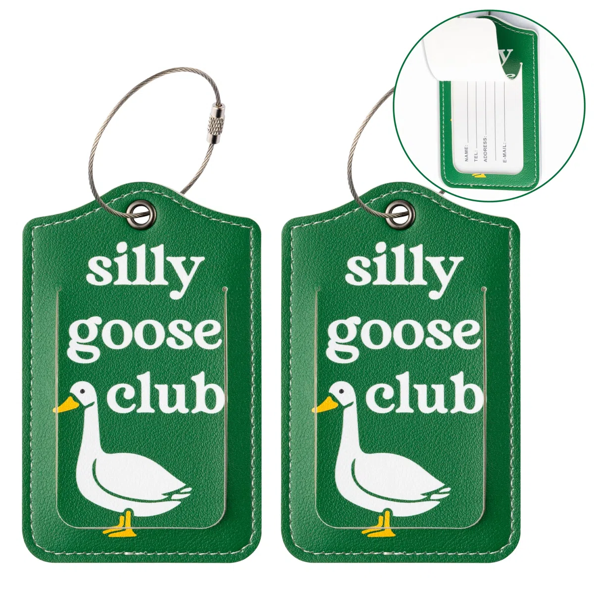 Silly Goose - 2 etiquetas divertidas para equipaje de club de ganso para viajes, cruceros, identificadores de cuero con lazo de acero inoxidable y tarjeta de nombre para hombres y mujeres