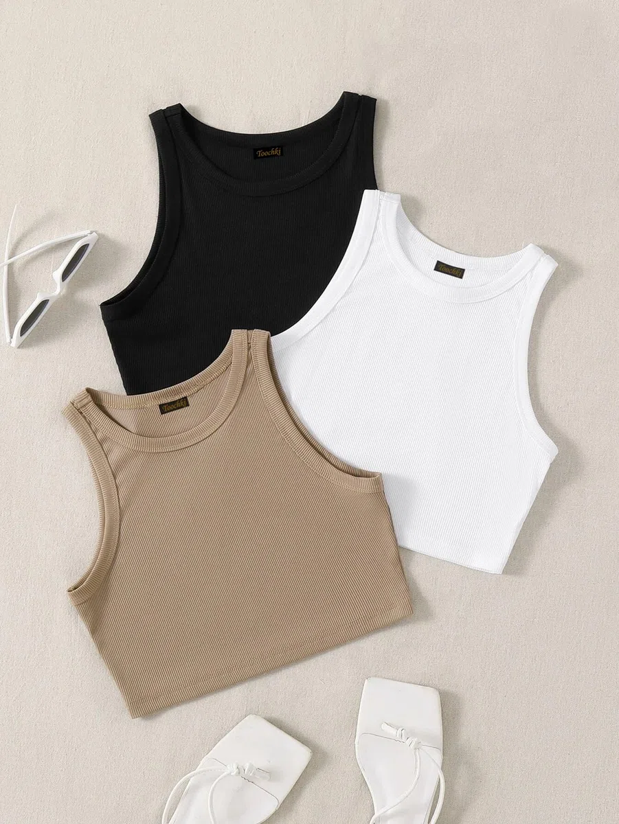 Toochki Top para mujer | Tops cortos de elastano | negro, blanco, beige, gris, corto, occidental, paquete de 3 unidades