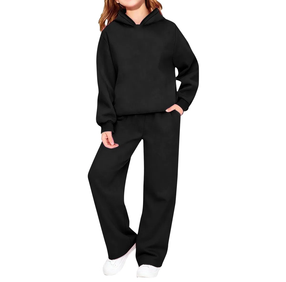 Conjunto de 2 piezas con capucha y pantalones deportivos para niñas, color negro, 11-12 años | Sudaderas con capucha de pierna ancha para niños, ropa deportiva clásica, lisa, informal, suave, cómoda, ropa deportiva