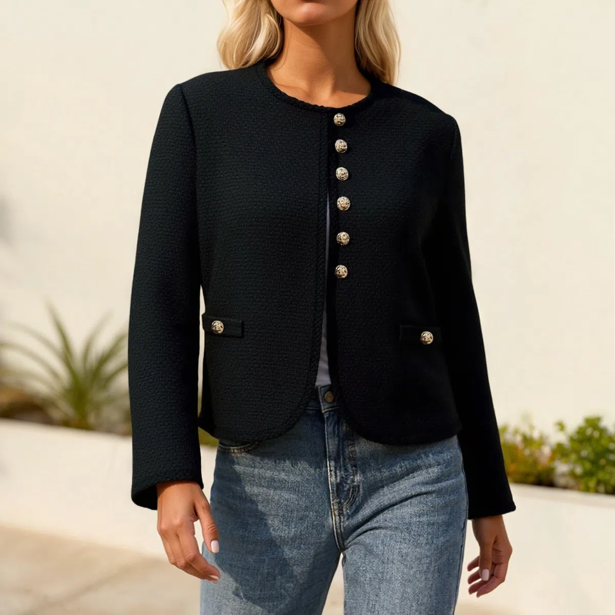 Chaqueta Informal Ligera de Cuello, cárdigan Corto con Botones metálicos clásicos para otoño, Mujer, Elegante, básica