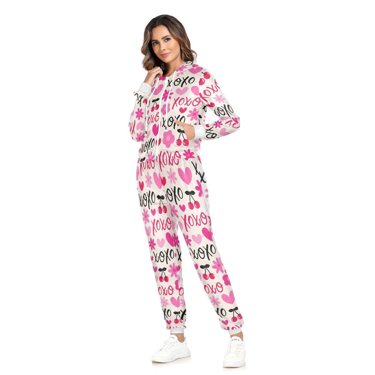 Conjunto deportivo de 2 piezas para mujer, diseño de flores de cerezo, corazón, manga larga, para el día de San Valentín