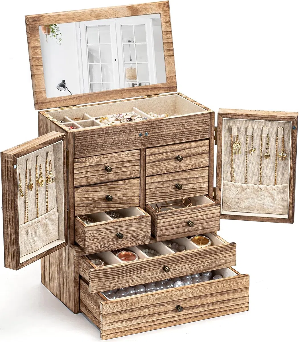 6 Capas Joyeros Mujer Organizador, Madera Organizador de Joyas con Espejo y 8 Cajones, Grande Jewelry Organizer de Para Anillos, Aretes, Pulseras, Collares, Relojes (Marrón Vintage)