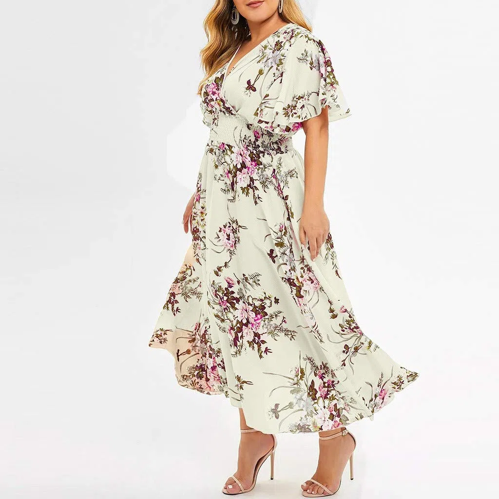 QWUVEDS Talla Casual Ropa Corta Mujer Manga Cuello en V Flores Estampado Plus Moda Plus Tamaño Vestido Mujer Tallas Grandes Vestido de Boda Vestido de Verano para Mujer Elegante Sexy