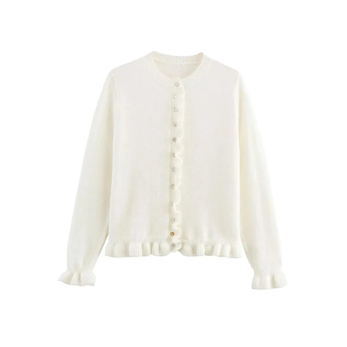Cárdigan de Punto con Volantes for Mujer, suéter Elegante Cuello Redondo, Manga Larga y Botones Delanteros, Prenda Exterior Cárdigan Mujer
