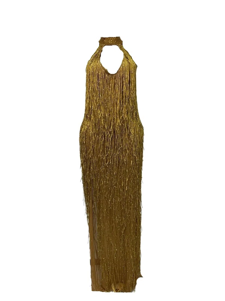 Vestido Sexy dorado con borlas de cristales brillantes for mujer, vestido elegante for graduación, fiesta noche, club nocturno, vestidos for sesión fotos cumpleaños para Bailes y Fiestas