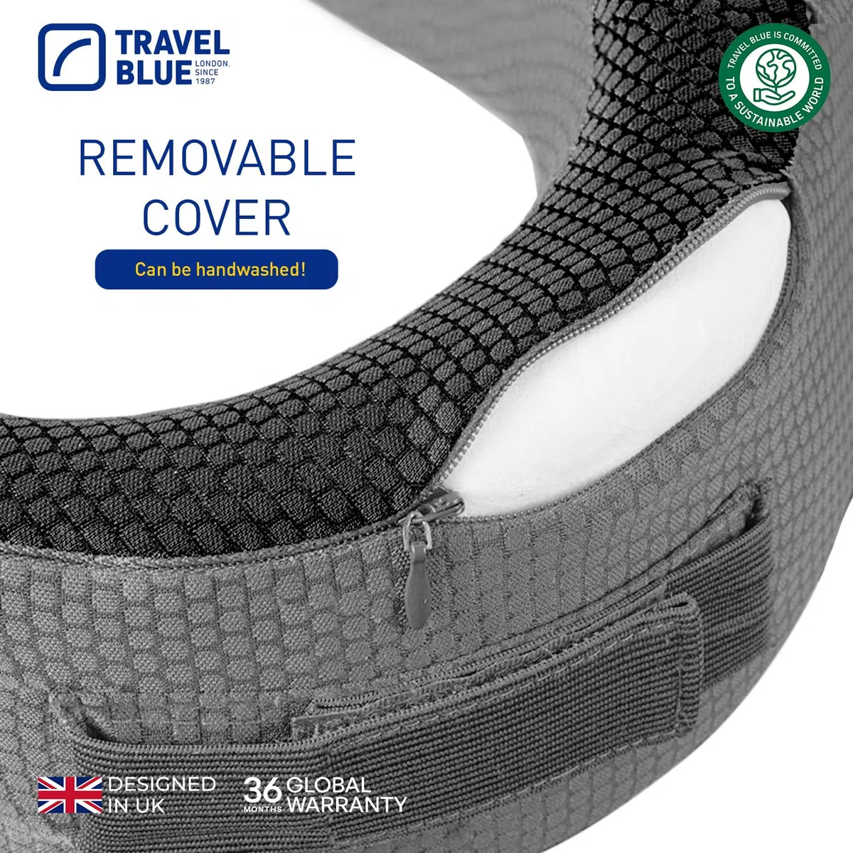 Travel Blue Dreamer Cojín cervical de avión – Almohada de espuma viscoelástica para viajes, cojín de viaje en avión con material de malla transpirable, funda extraíble, gran comodidad y apoyo (gris)