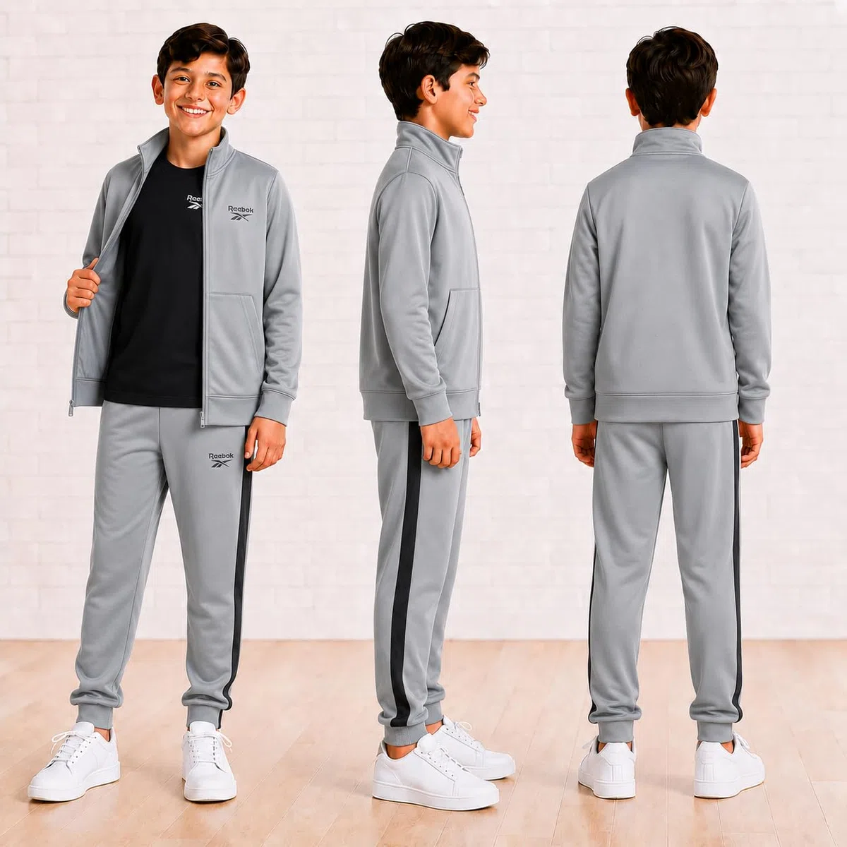 Reebok Conjunto deportivo de 3 piezas con chaqueta de punto con cremallera, camiseta y pantalones deportivos para niños