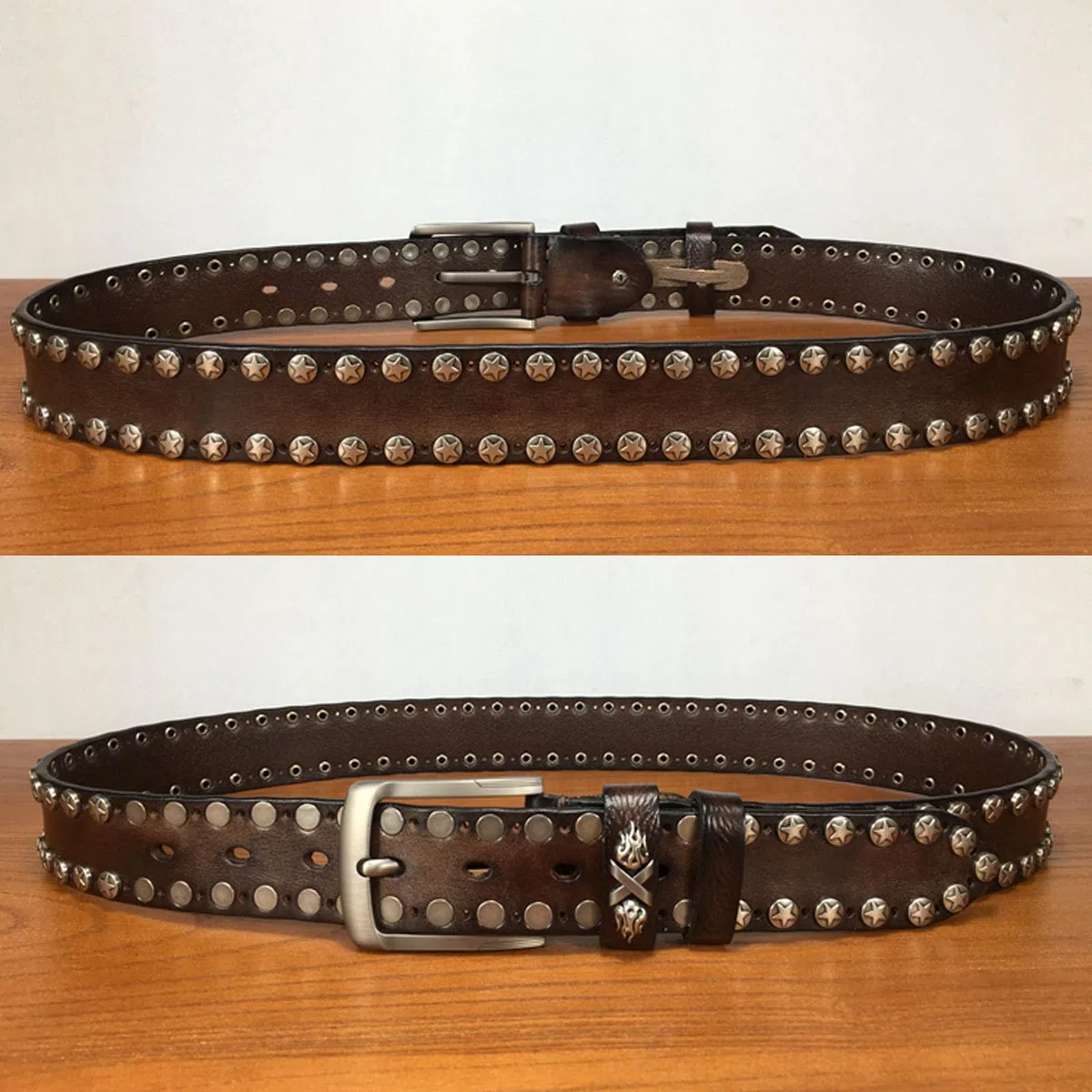 Cinturones Hombre Rivet, Cinturon Remache Ajustable Retro Punk Rock, Cinturón Occidental Tachonado de Cuero Genuino con Hebilla de Metal Aleación,Marrón,120CM/47.3''