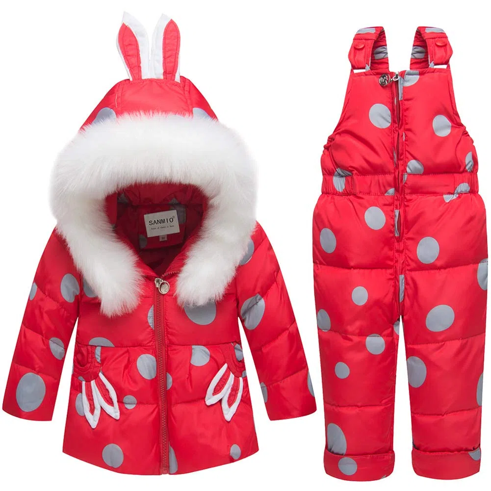 SANMIO 2 Piezas Niños Traje de Esquí Conjunto de Nieve para Bebé Infantil Niña Invierno Cálido Chaqueta Abajo con Patrón de Puntos Capucha y Pantalones