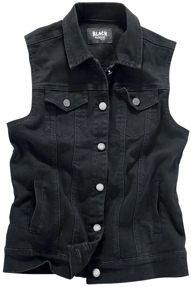 Black Premium by EMP Mujer Chaleco vaquero negro sin mangas con cuello de camisa