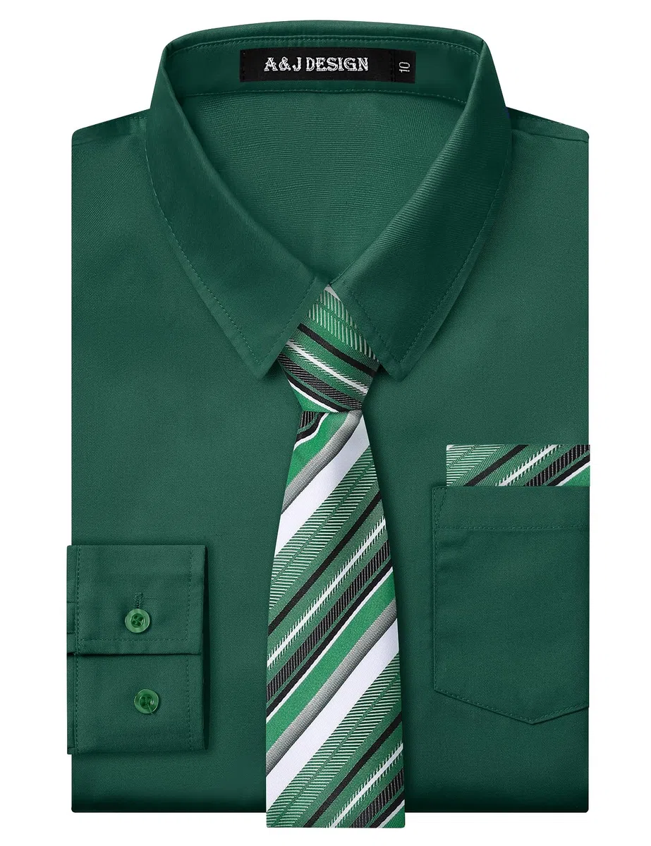 A&J DESIGN Camisa de vestir para niños de manga larga formal uniforme escolar Oxford con botones y corbata y pañuelo | Para todas las estaciones, suave, duradero, versátil, fácil cuidado, corbata preatada, transpirable, ajuste regular