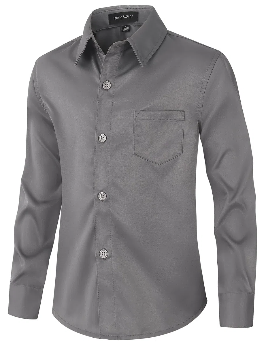 Spring&Gege Camisa de vestir de satén de manga larga para niños, sin arrugas, lisa, formal, con botones