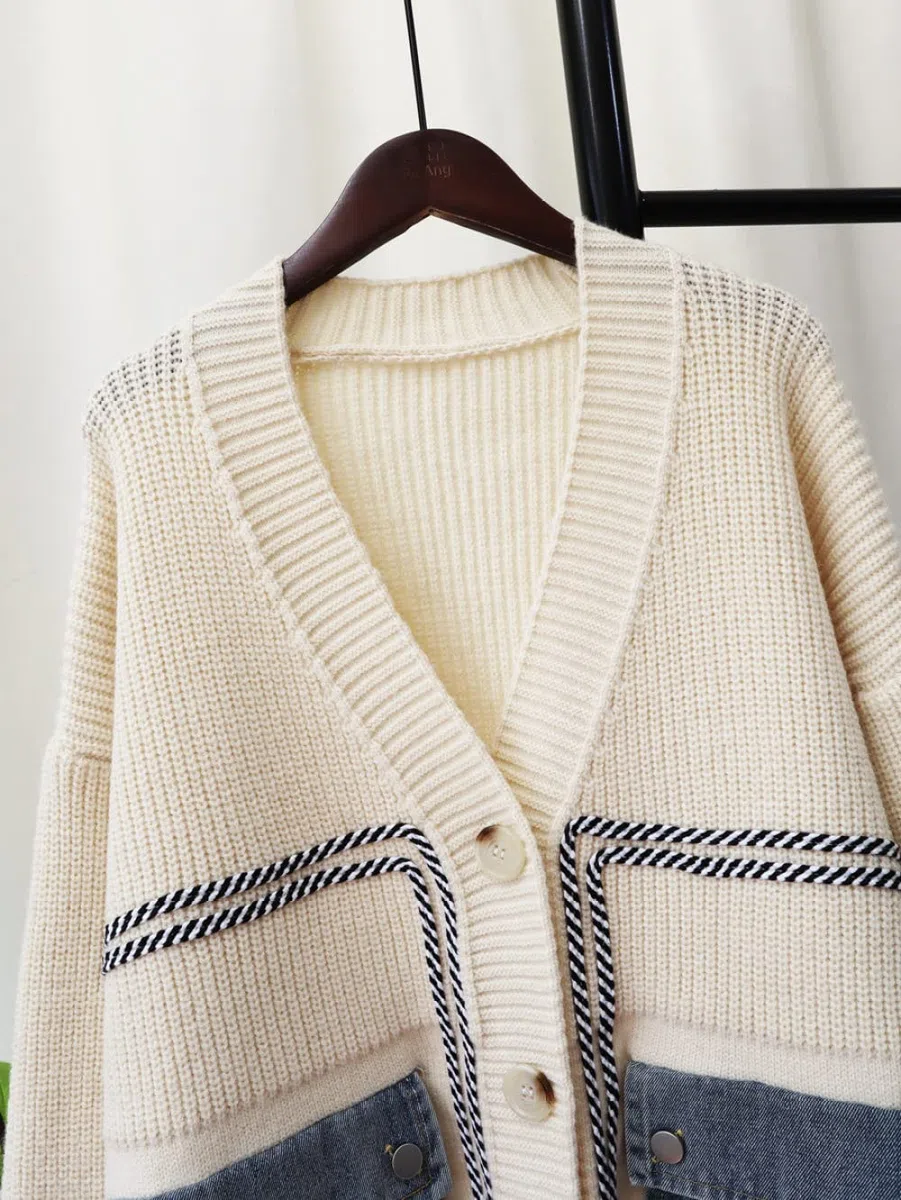 Cárdigans Para Mujer,Cárdigans De Punto Para Mujer Moda Beige Denim Bolsillo De Empalme Cuello En V Botón De Manga Larga Suéteres Delanteros Abiertos Cárdigan Otoño Vintage Suelto Prendas De A