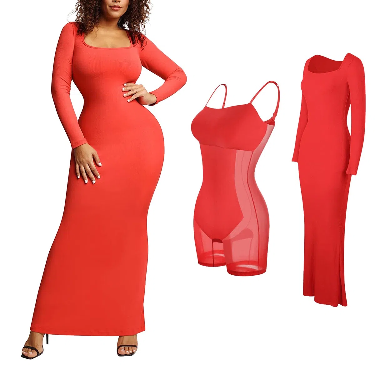 Vestido cruzado para mujer, largo, manga larga, cuello cuadrado, corte ajustado, informal, básico, liso, elegante, de 2 piezas, vestido largo hasta el tobillo, vestido de manga larga, tallas grandes,
