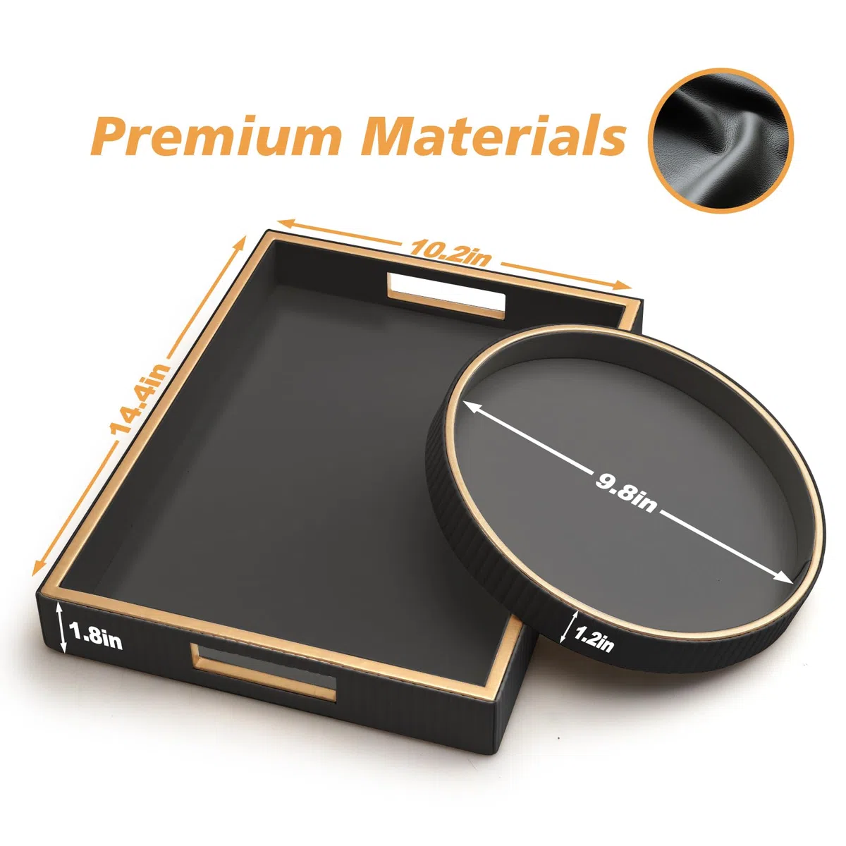 SANZIE Bandeja de cuero organizadora de almacenamiento de escritorio, bandeja decorativa de alta calidad, apta para cosméticos, cartera de teléfono, cubiertos (soporte negro con disco)