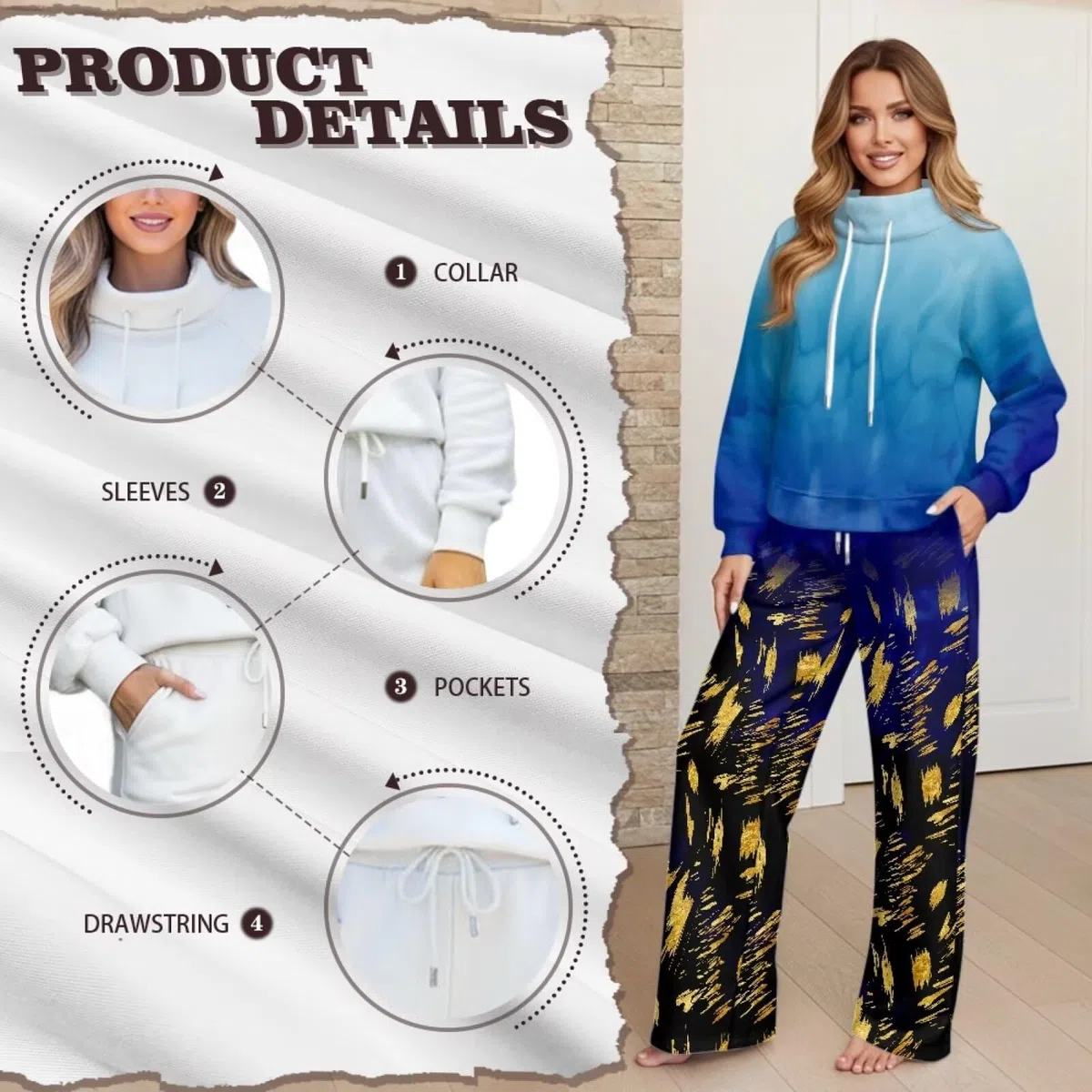 Xoenoiee Conjunto deportivo de 2 piezas con estampado de teñido anudado azul para mujer, conjunto de chándal de moda para otoño, sudadera de manga larga y pantalones deportivos de pierna ancha a juego