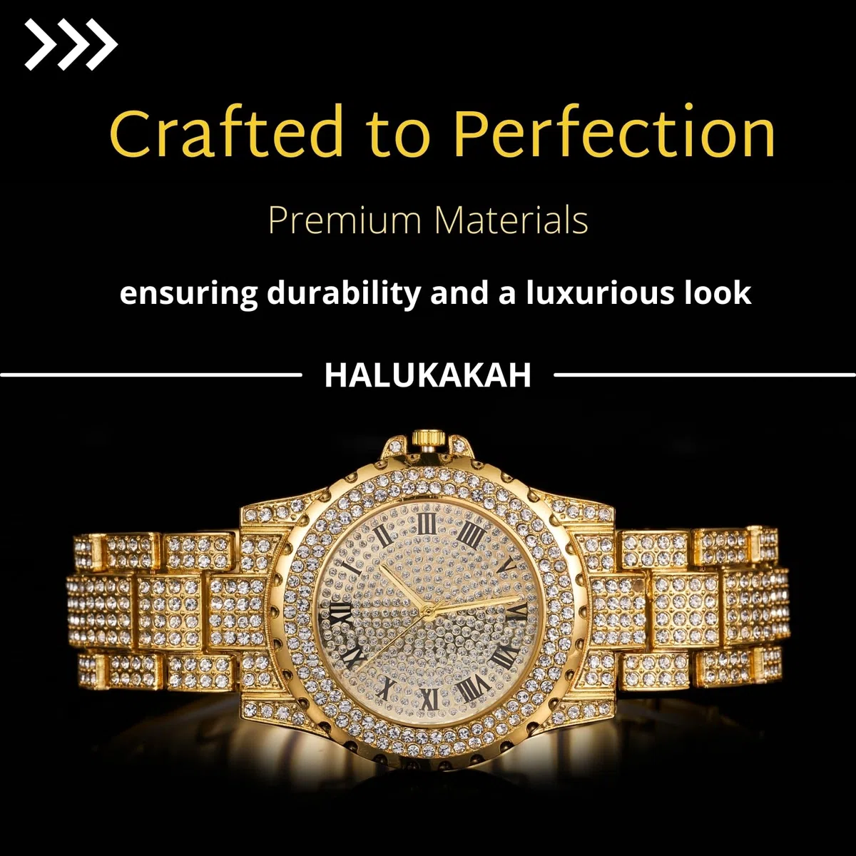 HALUKAKAH Reloj de Oro con Diamantes para Niños,Adolescentes - Chapado en Oro 18K/Platino,Esfera Redondo 39mm,Cuarzo Japonés - Longitud 19cm - Opcional con Cadena Cubana,Herramienta de Ajuste Incluye