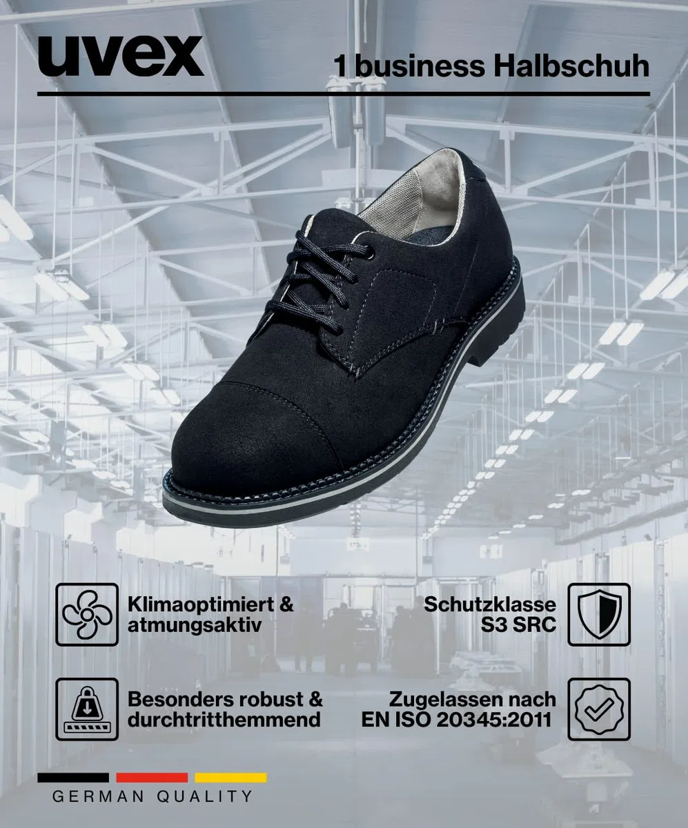 Uvex 1 Zapatos de seguridad con puntera de acero, zapatos de trabajo resistentes y transpirables S3 SRC, unisex, color negro, talla 51